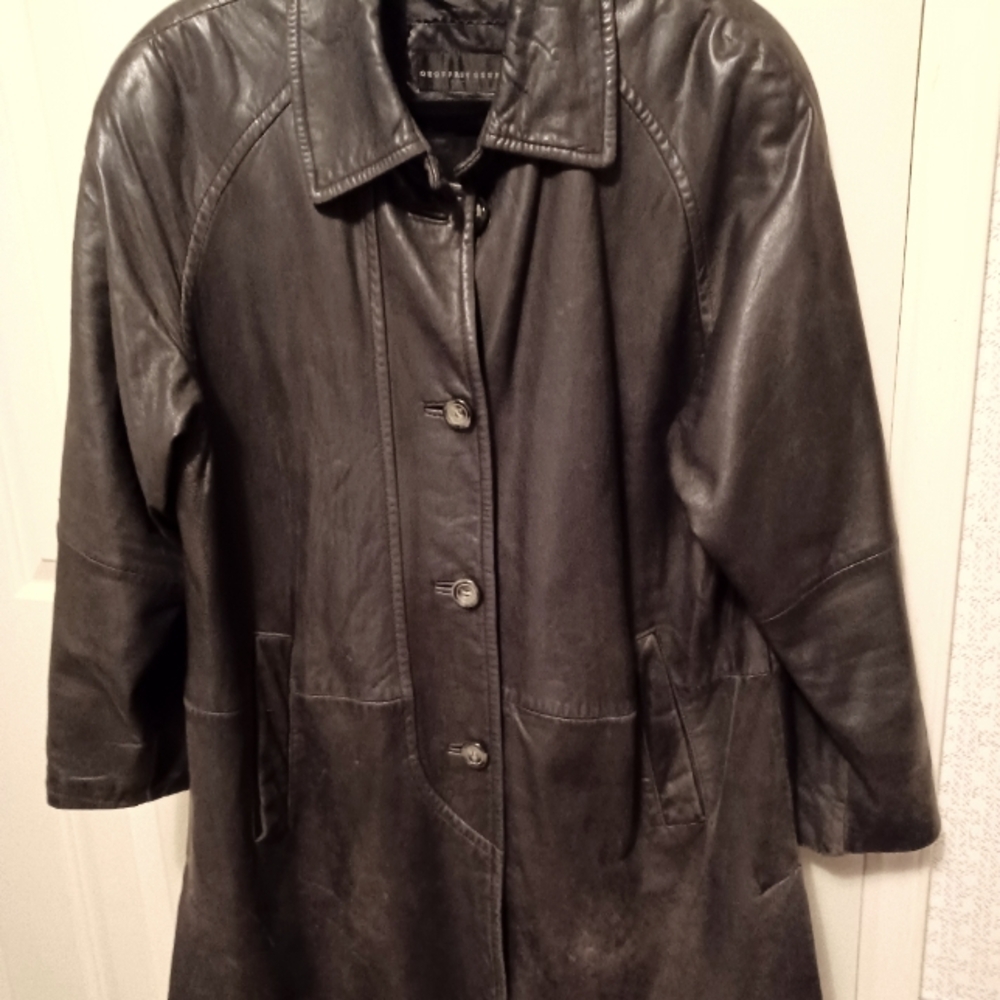 Women's Geoffrey Beene Black Genuine Leather Car Coat Jacket, pre-owned, size M